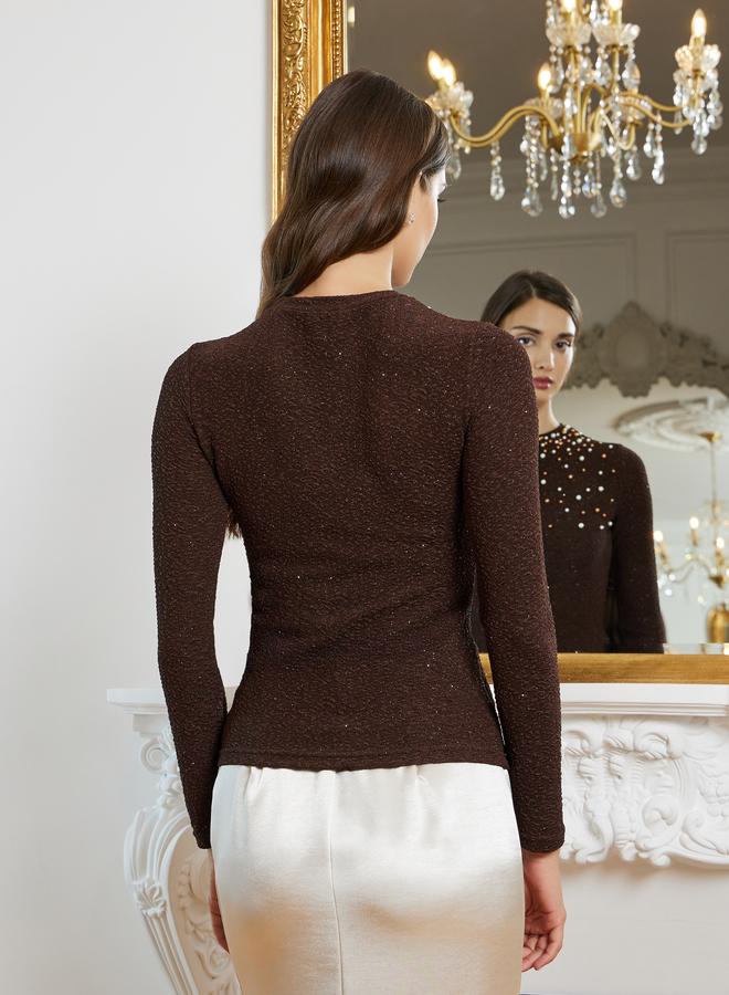 Styli Women Brown Pearl Embellished Knit Top - Image 5